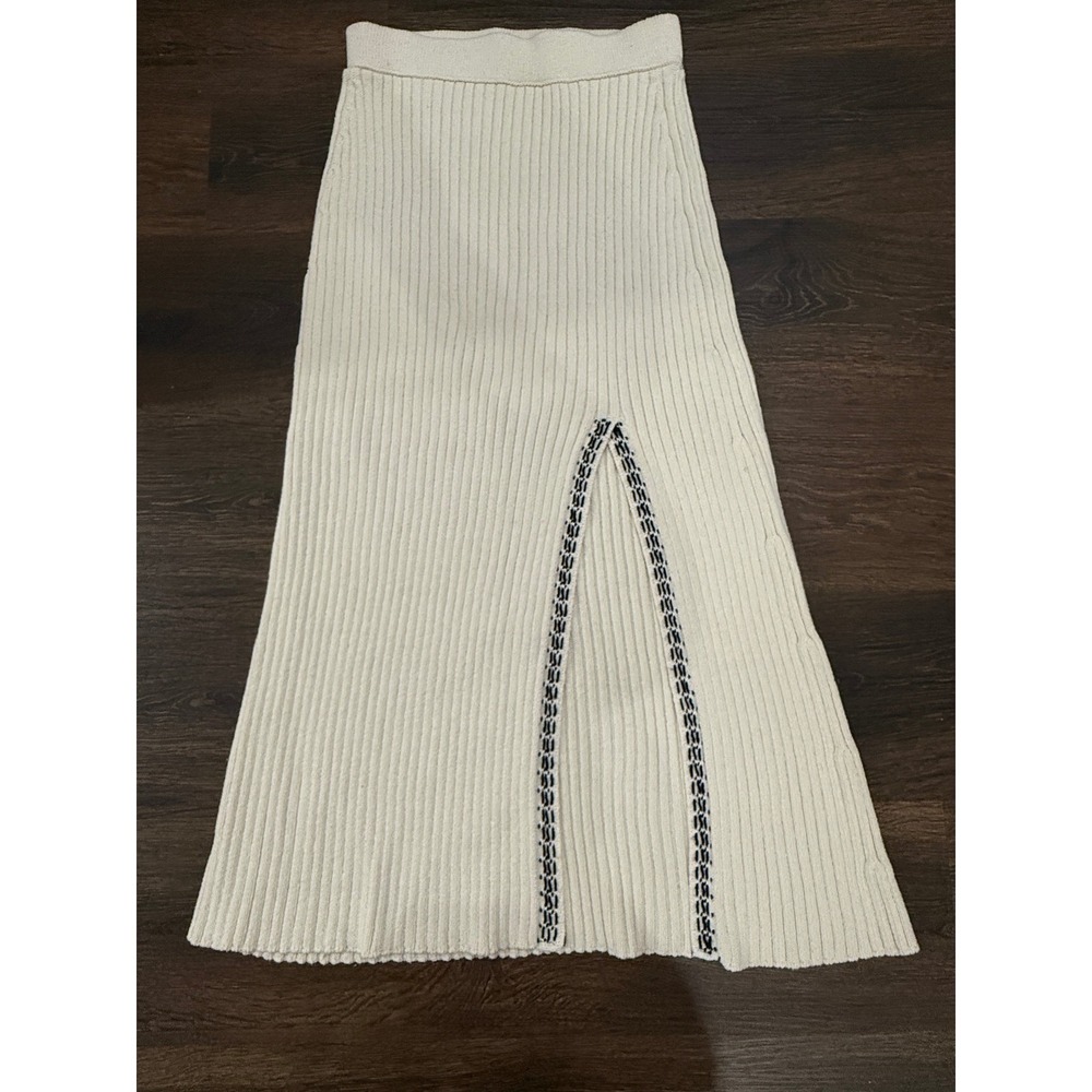 Zara Ribbed Knit Midi Skirt Womens Small Cream Side Slit